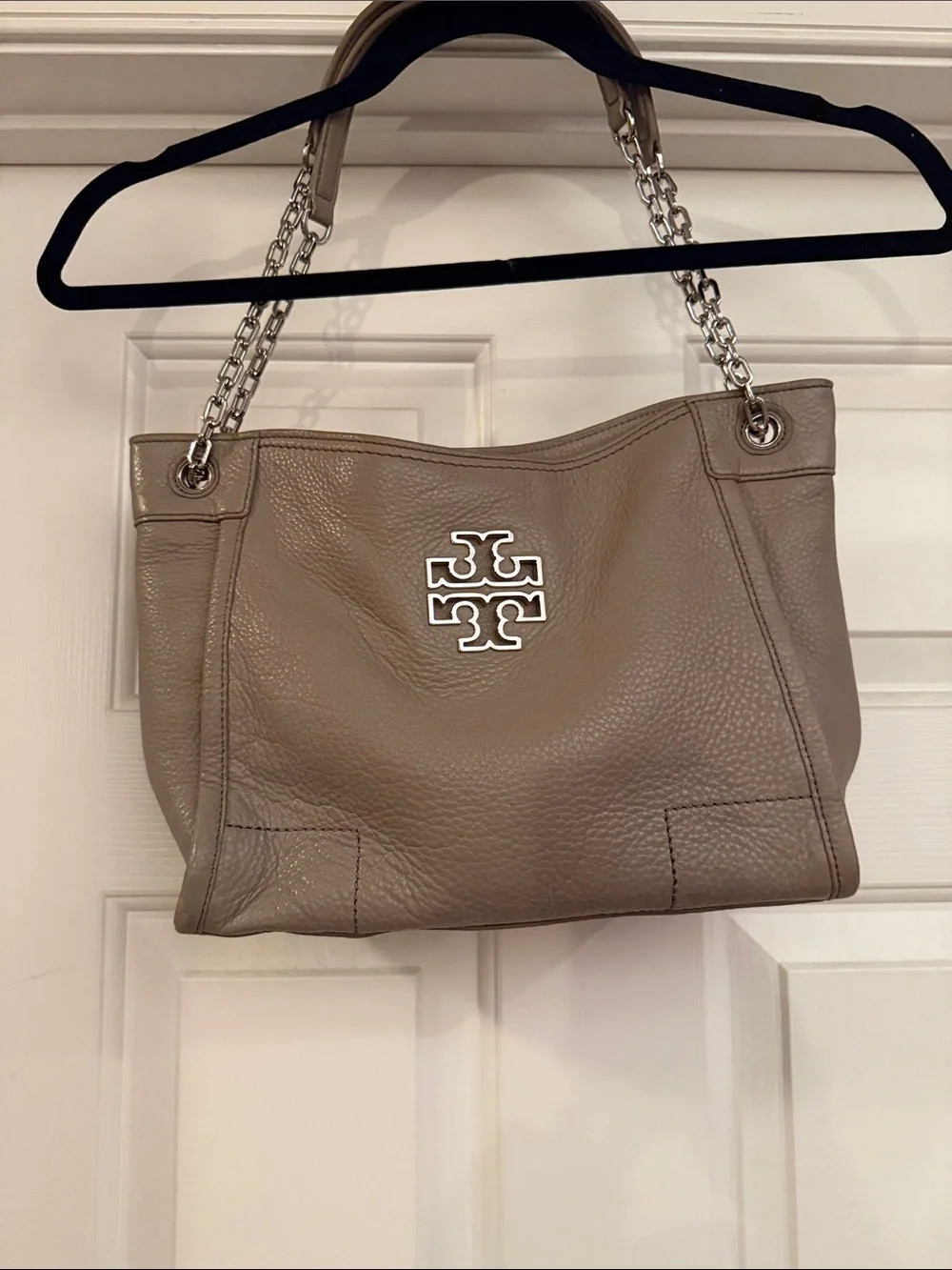 Tory Burch Taupe Pebbled Leather Shoulder Tote with Silver Chain
